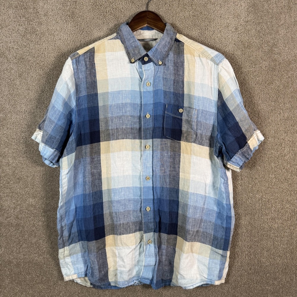 Tommy Bahama Relax Shirt Mens‎ Medium Blue Plaid Linen Short Sleeve Button Front
